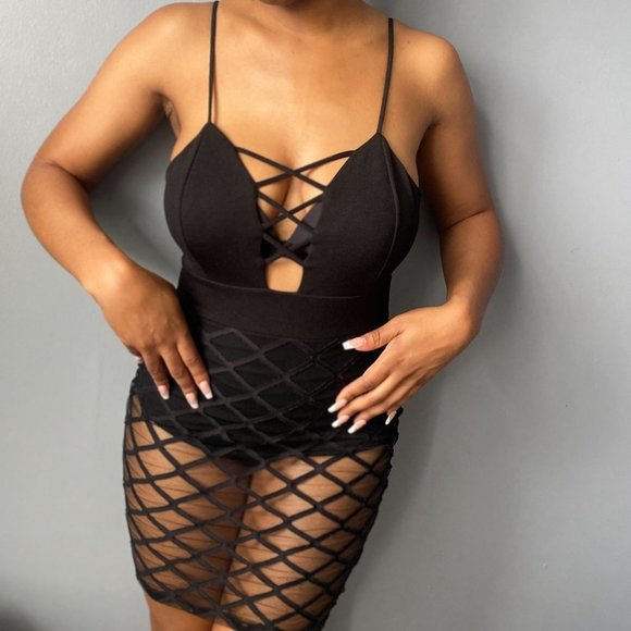 Bodysuit Dress with Mesh Overlay - Picture 2 of 7